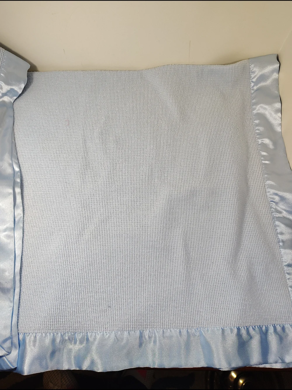 Baby Morgan Blue Satin Trim Waffle Weave Blanket Vintage